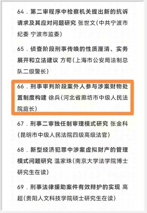 廊坊中院法官申报课题获中国刑事诉讼法学研..